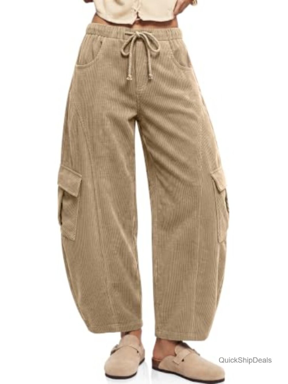 Corduroy Cargo Wide Leg Barrel Pants Relaxed Fit Cropped High Rise Drawstring